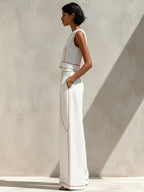 Contrast Trim Sleeveless Top & Wide-Leg Pants Set