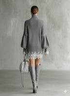 Knitted White Lace Turtleneck Comfortable Mini Dress