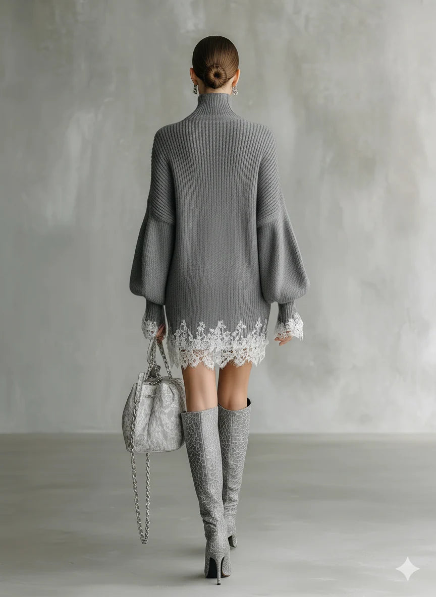 Knitted White Lace Turtleneck Comfortable Mini Dress