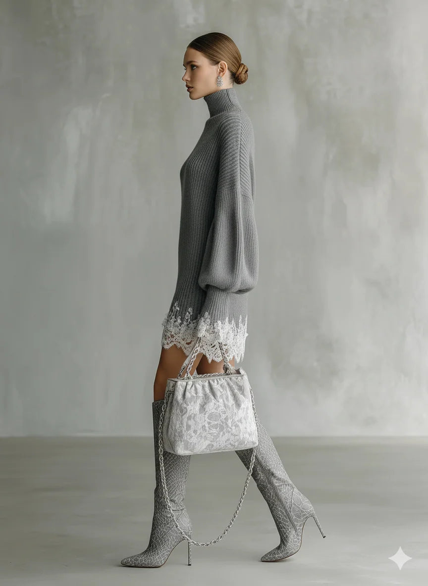 Knitted White Lace Turtleneck Comfortable Mini Dress