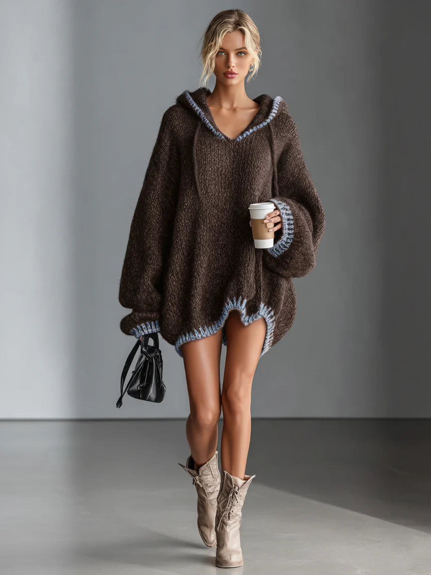 Loose Hooded Pink Trimmed Knit Mini Dress