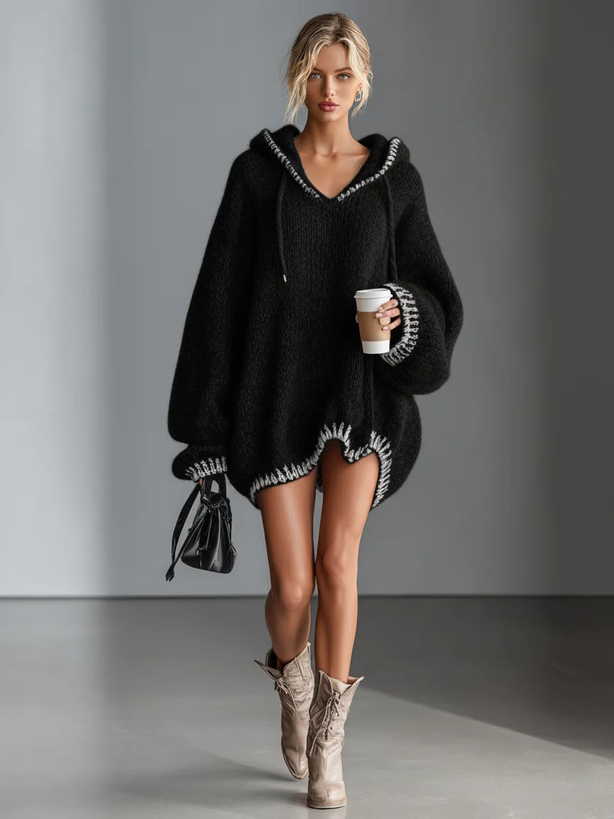 Loose Hooded Pink Trimmed Knit Mini Dress