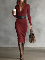 Vestido midi de punto ajustado con cuello medio alto, cuello en V, manga larga y cinturón (cinturón no incluido)