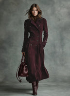 Suede Trim Double-breasted Lapel Long Coat