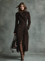 Suede Trim Double-breasted Lapel Long Coat
