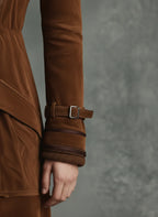 Suede Trim Double-breasted Lapel Long Coat