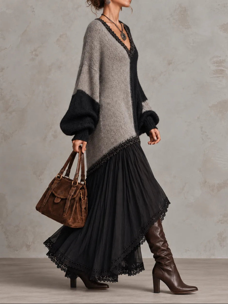 Elegant V-neck Knit And Lace Color-block Panel Maxi Dress