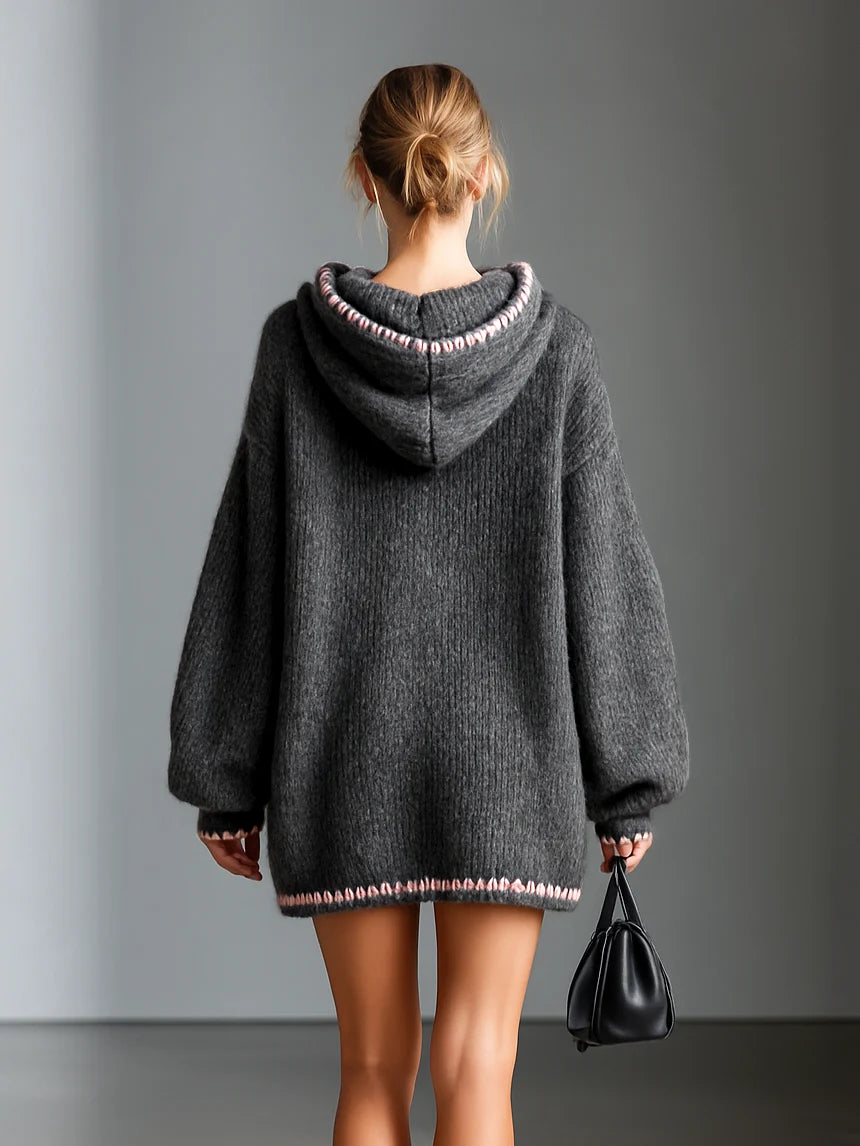 Loose Hooded Pink Trimmed Knit Mini Dress