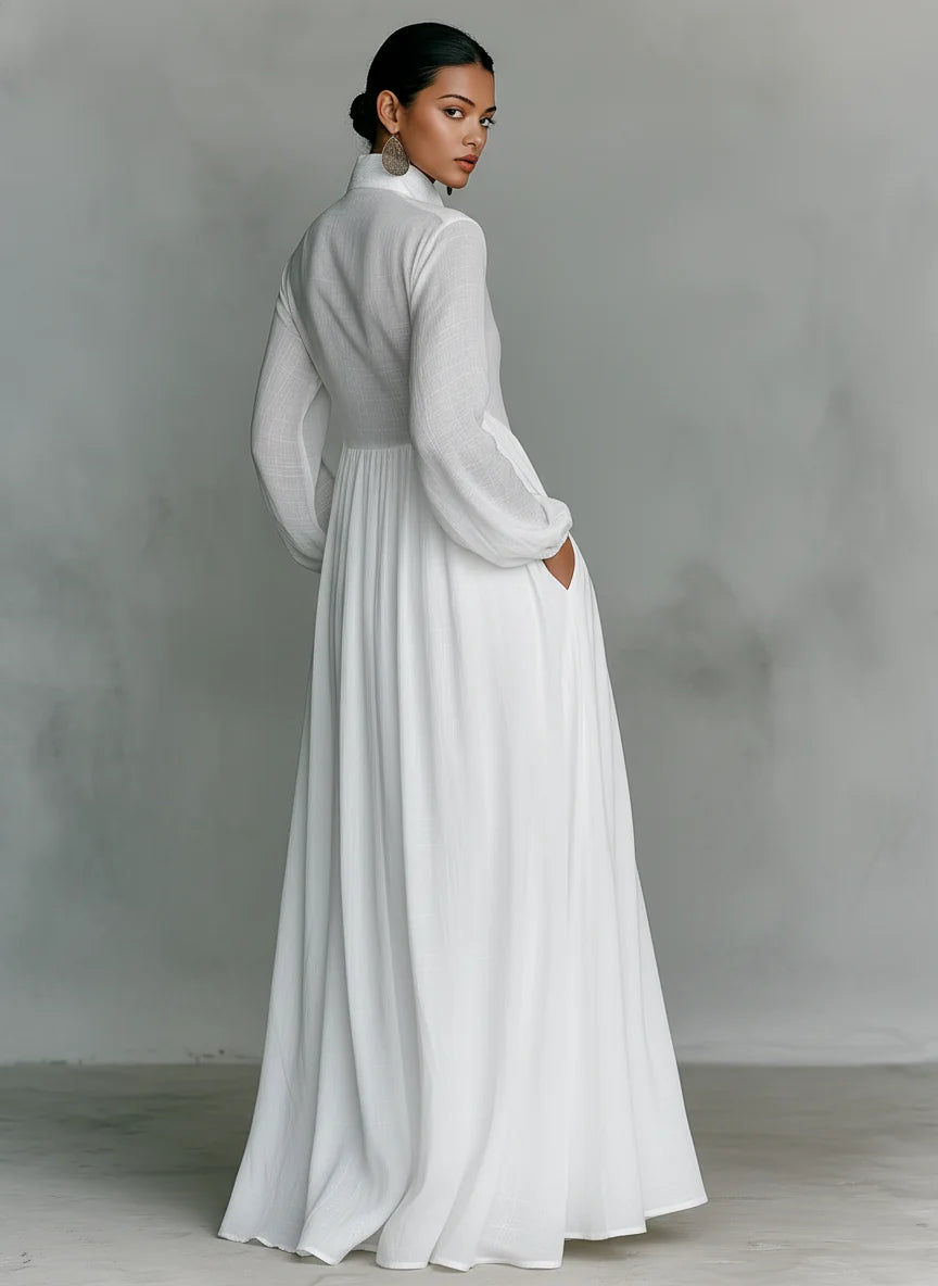 Minimalist Linen Blend Stand Collar Maxi Dress