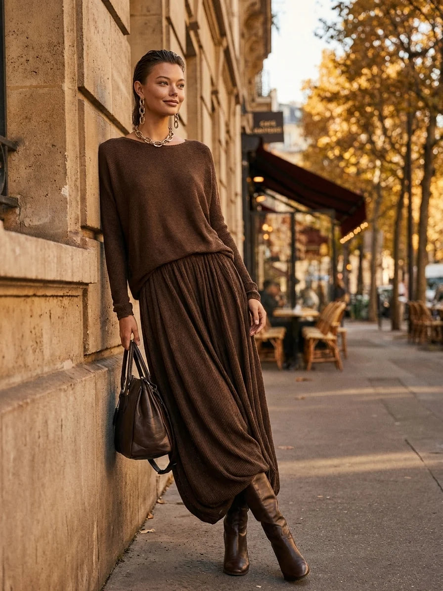Fashion Round Neck Knitted Skirt Set