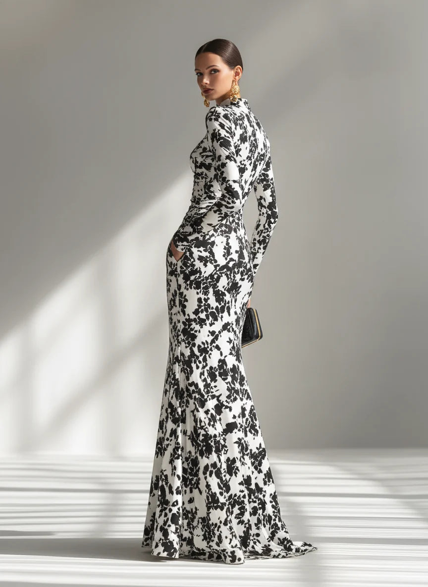 High-Neck Long Sleeve Floral Print Maxi Dress
