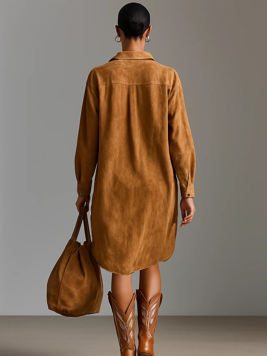 Suede Loose Lapel V-neck Embroidered Long-sleeved Midi Dress