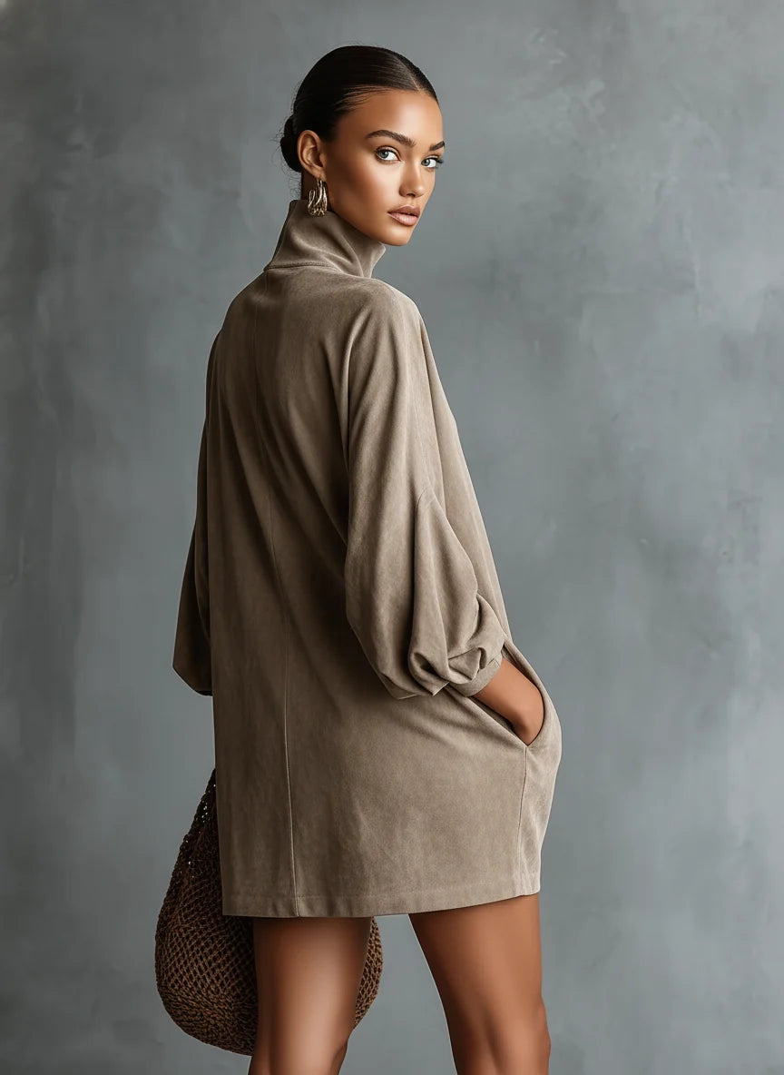 Loose-fitting Faux Suede High-neck Mini Dress