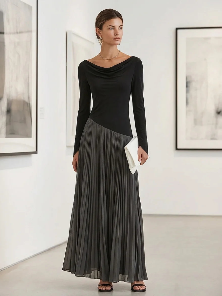 Minimalist Two-Tone Color-Block Maxi Dress With Drape Neckline