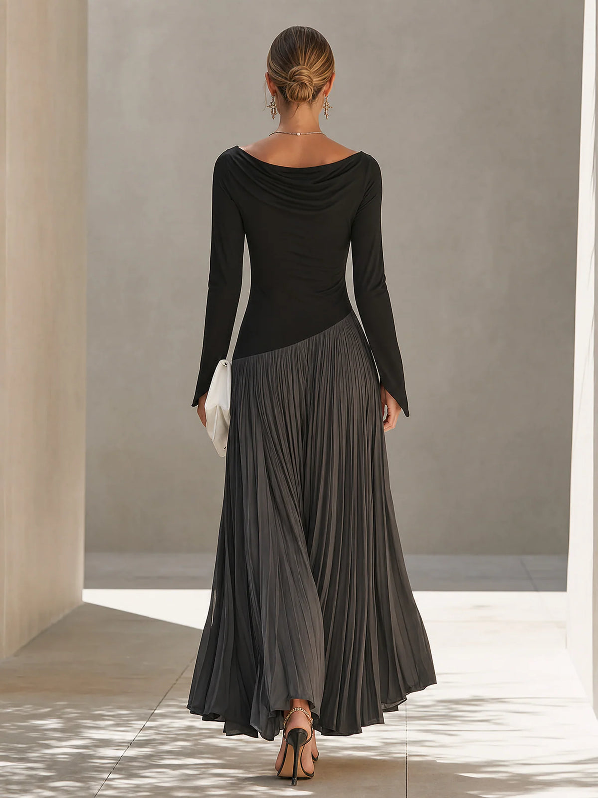 Minimalist Two-Tone Color-Block Maxi Dress With Drape Neckline