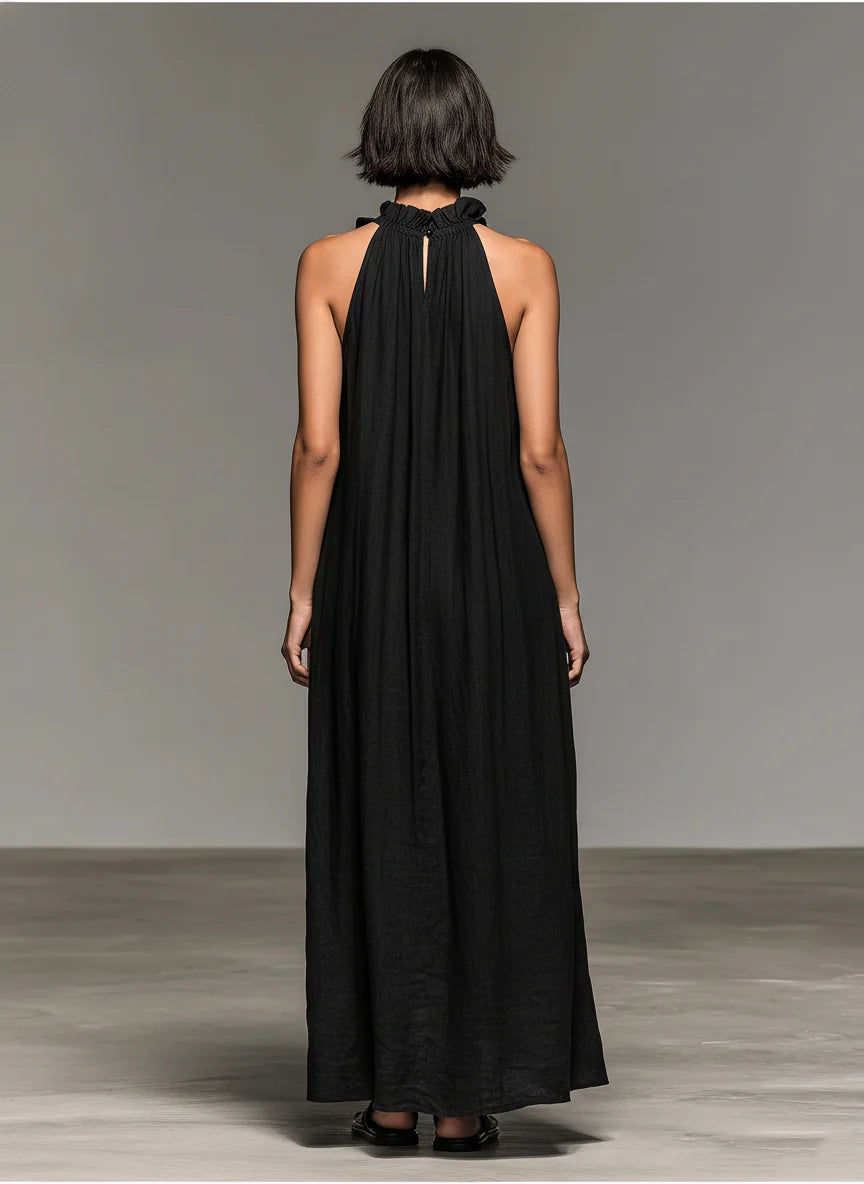 Ruffle-Trim Halter Maxi Dress with Pockets