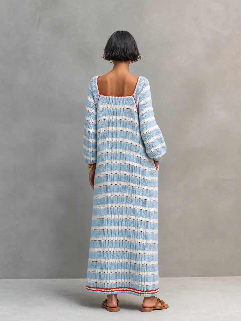 Minimalist Striped Square-Neck Long-Sleeve Maxi Sweater Dress
