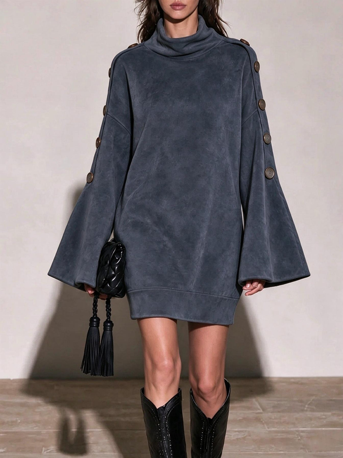 Camel Faux Suede Turtleneck Mini Dress