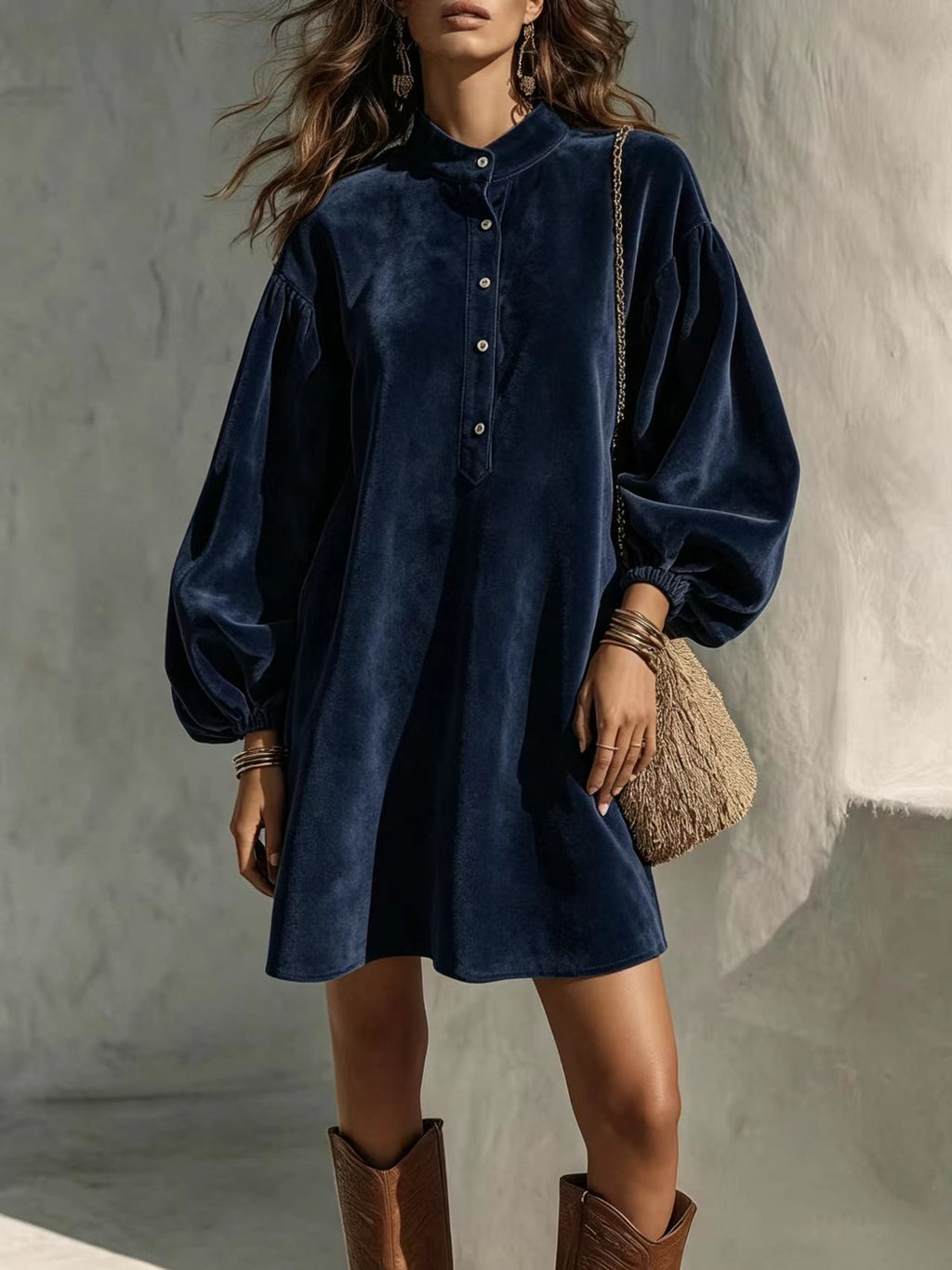 Vintage Velvet Lantern-Sleeve Button-Collar Mini Dress