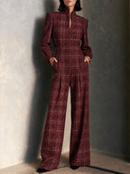 Vintage Plaid Woolen Stand Collar Wide Leg Jumpsuit