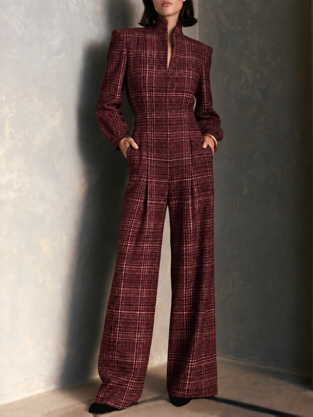 Vintage Plaid Woolen Stand Collar Wide Leg Jumpsuit