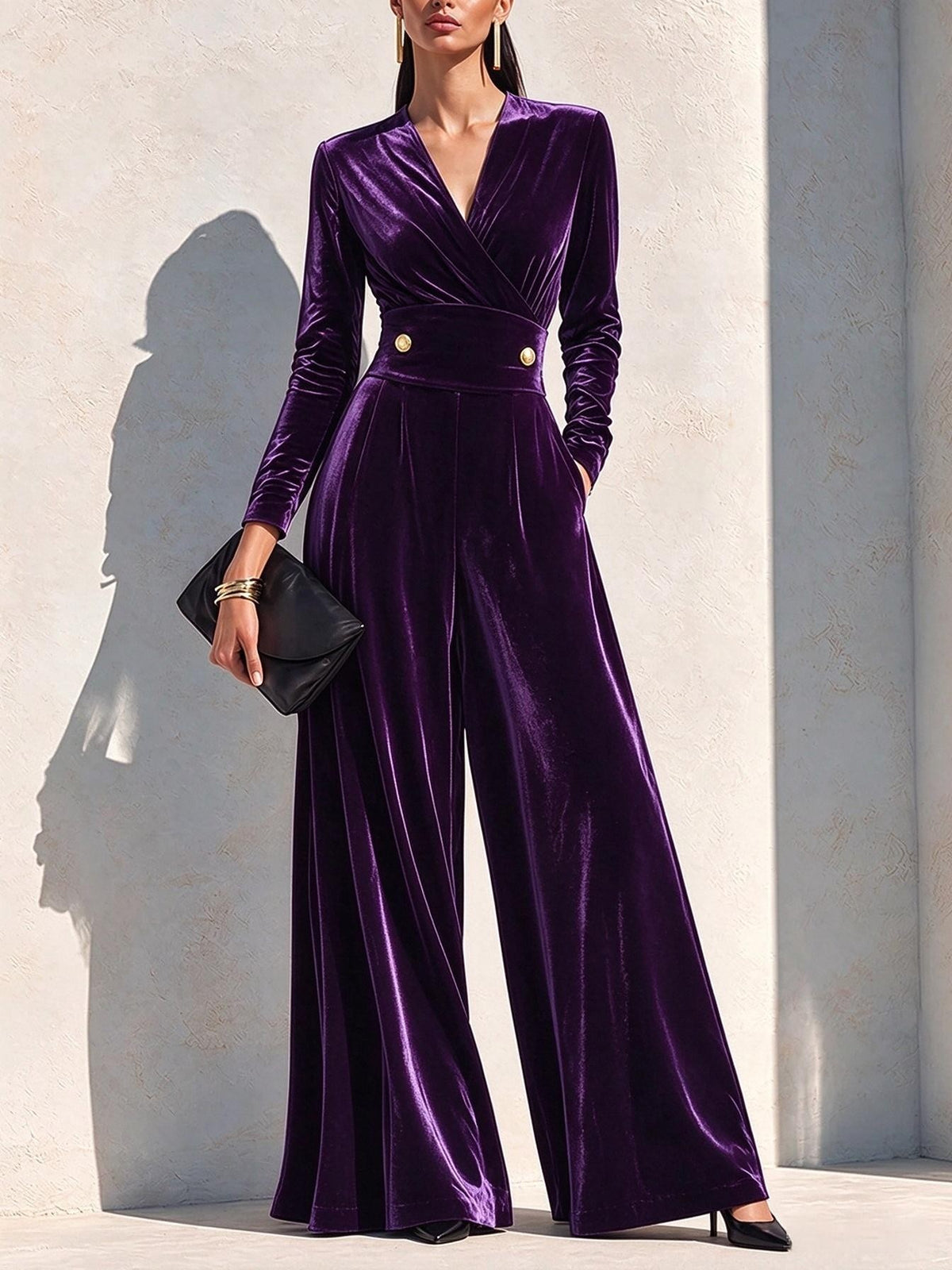 Luxury Velvet Wide-Leg Jumpsuit With Defined Waist