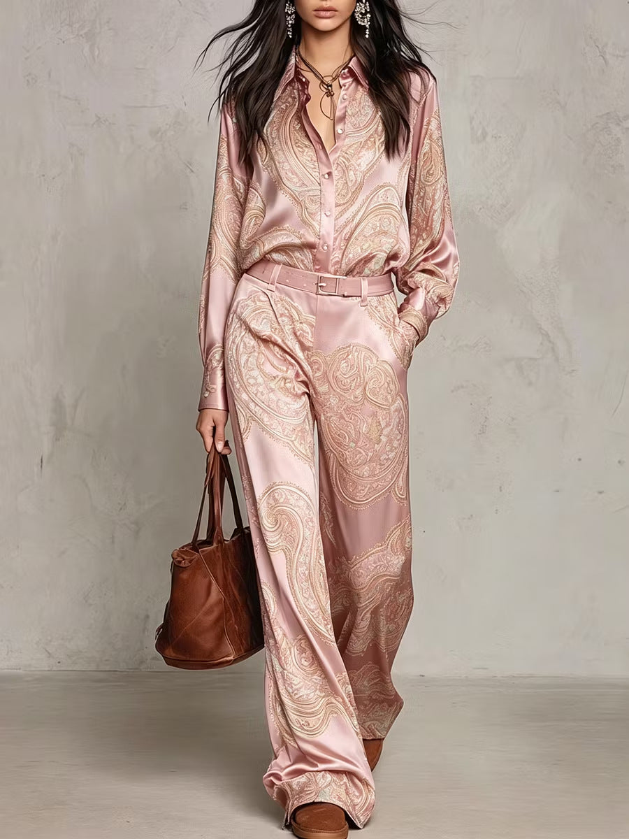 Vintage Paisley Satin Belted Ensemble