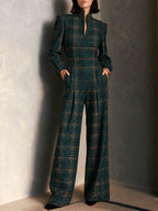 Vintage Plaid Woolen Stand Collar Wide Leg Jumpsuit