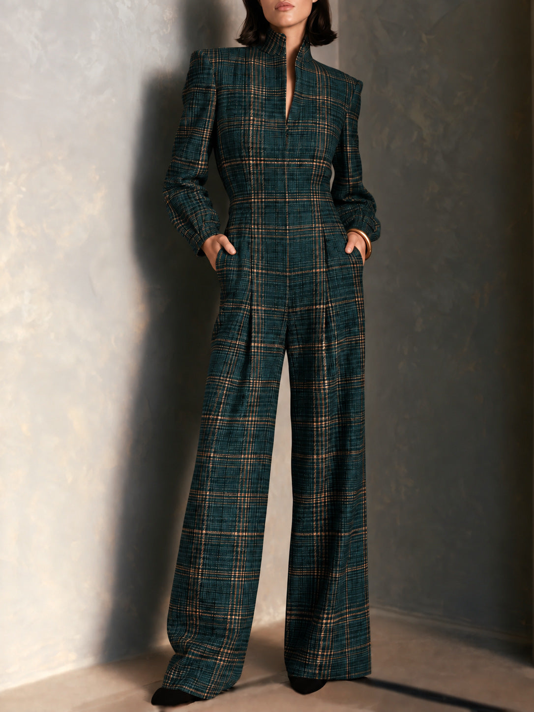 Vintage Plaid Woolen Stand Collar Wide Leg Jumpsuit