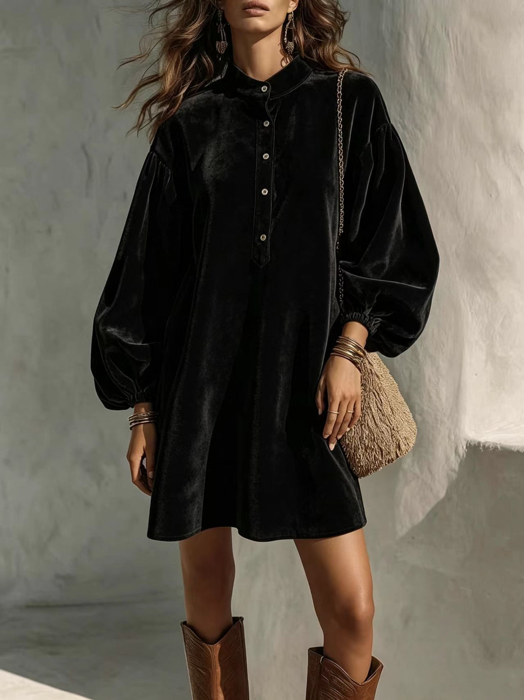 Vintage Velvet Lantern-Sleeve Button-Collar Mini Dress