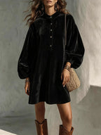 Vintage Velvet Lantern-Sleeve Button-Collar Mini Dress
