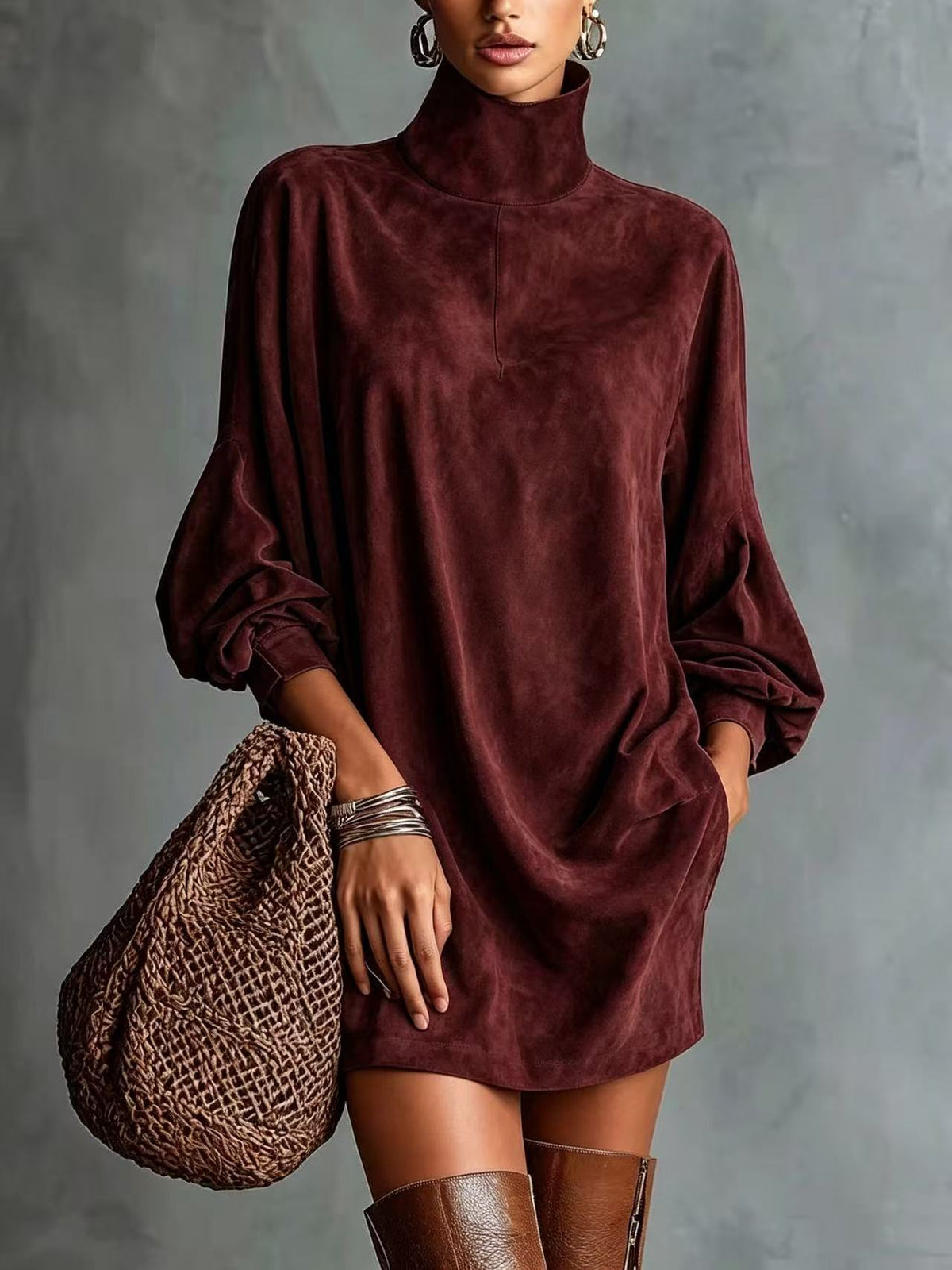 Loose-fitting Faux Suede High-neck Mini Dress