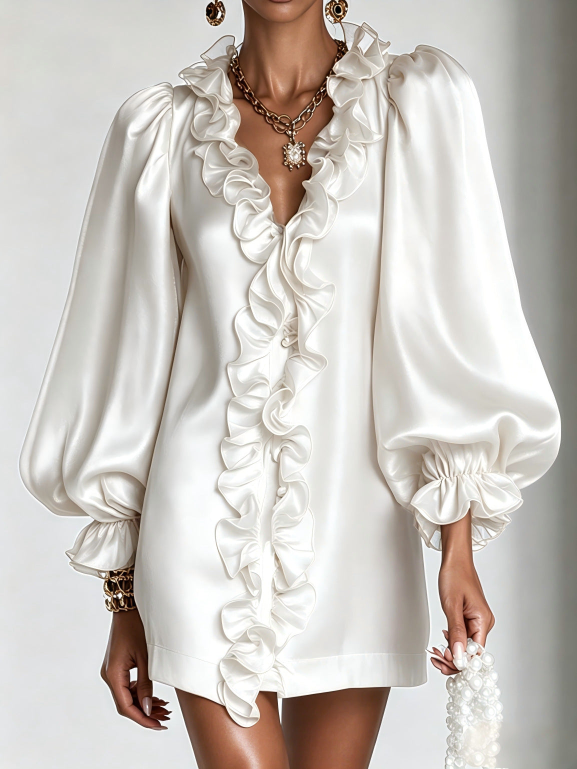 Elegant Ruffle Puff Sleeve Mini Dress