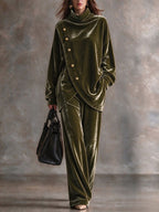 Velvet High-Neck Two-Piece Set with Asymmetric Metal Buttons