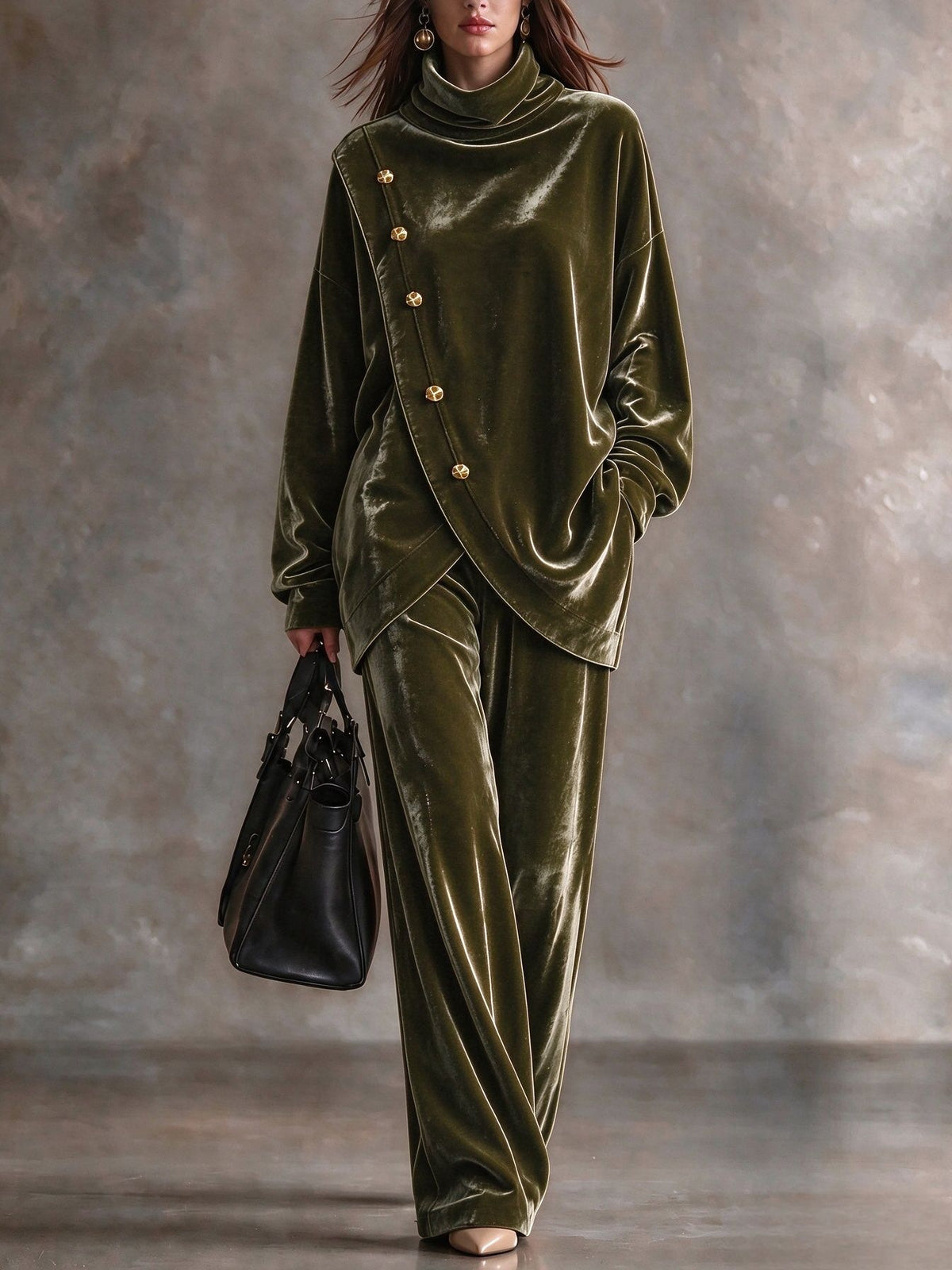 Velvet High-Neck Two-Piece Set with Asymmetric Metal Buttons