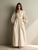 Caual V-neck Long-sleeved Maxi Dress With Elastic Waist