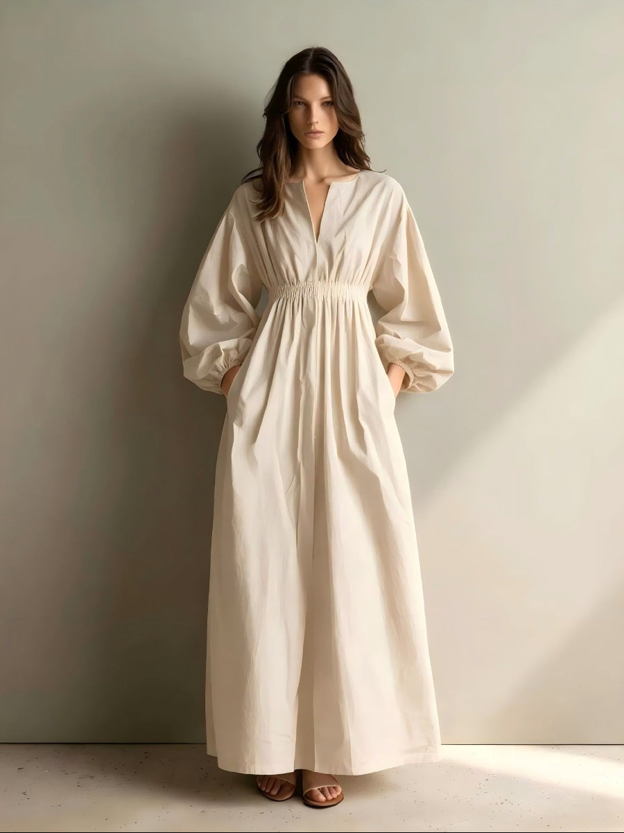 Caual V-neck Long-sleeved Maxi Dress With Elastic Waist