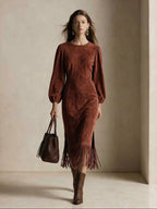 Vintage-Style Elegant Faux Suede Midi Dress With Fringe