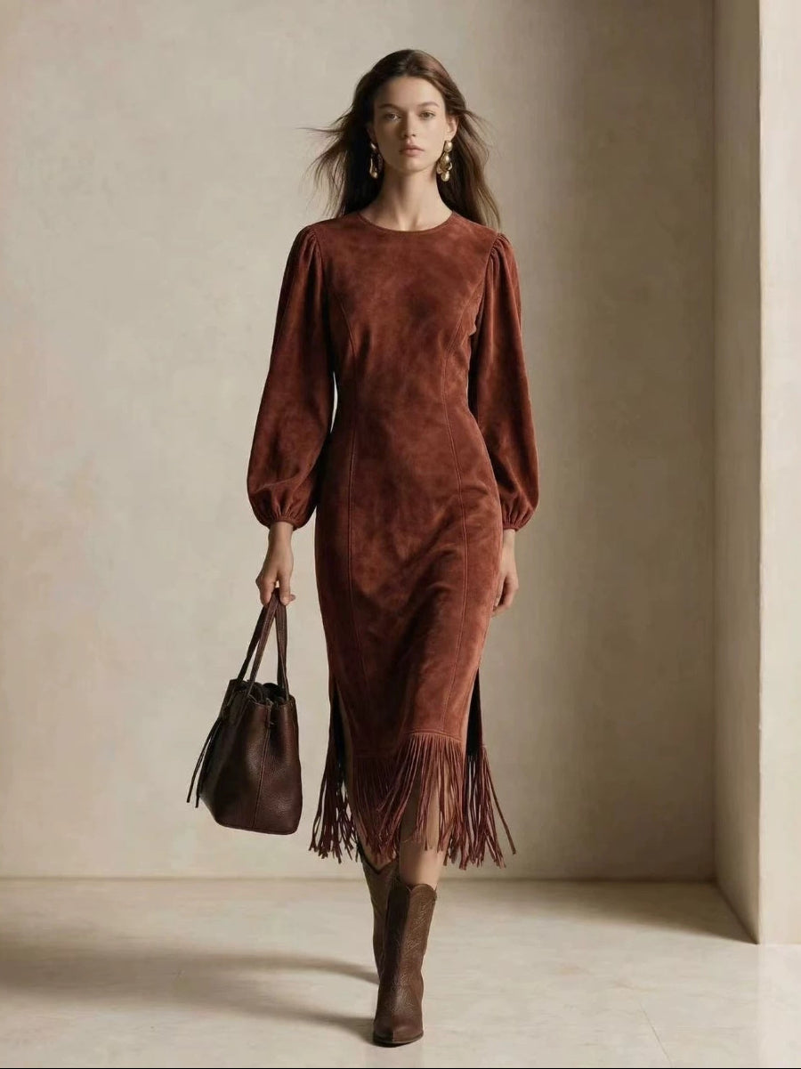 Vintage-Style Elegant Faux Suede Midi Dress With Fringe