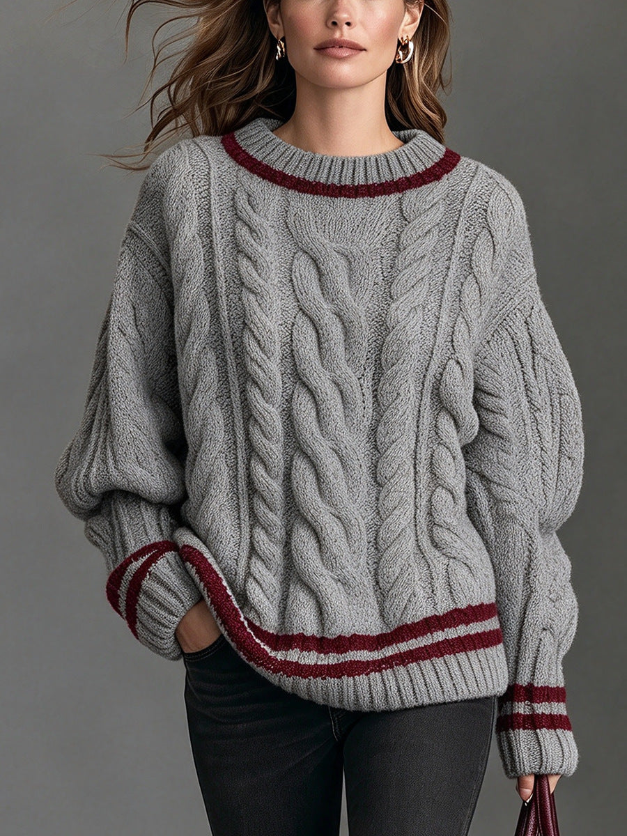 Casual Cable-Knit Long-Sleeve Crew-Neck Sweater