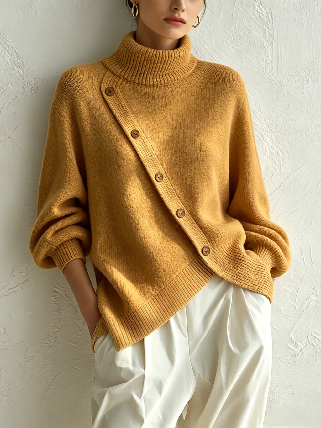 Turtleneck Knit Sweater With Diagonal Wooden Button Detail