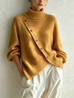 Turtleneck Knit Sweater With Diagonal Wooden Button Detail