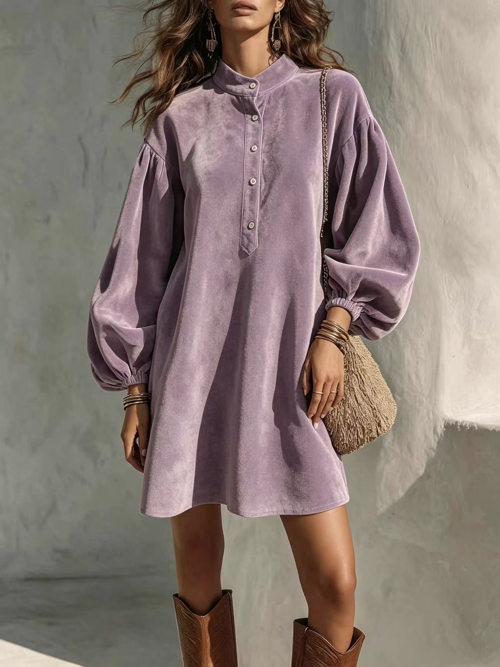 Vintage Velvet Lantern-Sleeve Button-Collar Mini Dress