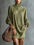 Loose-fitting Faux Suede High-neck Mini Dress