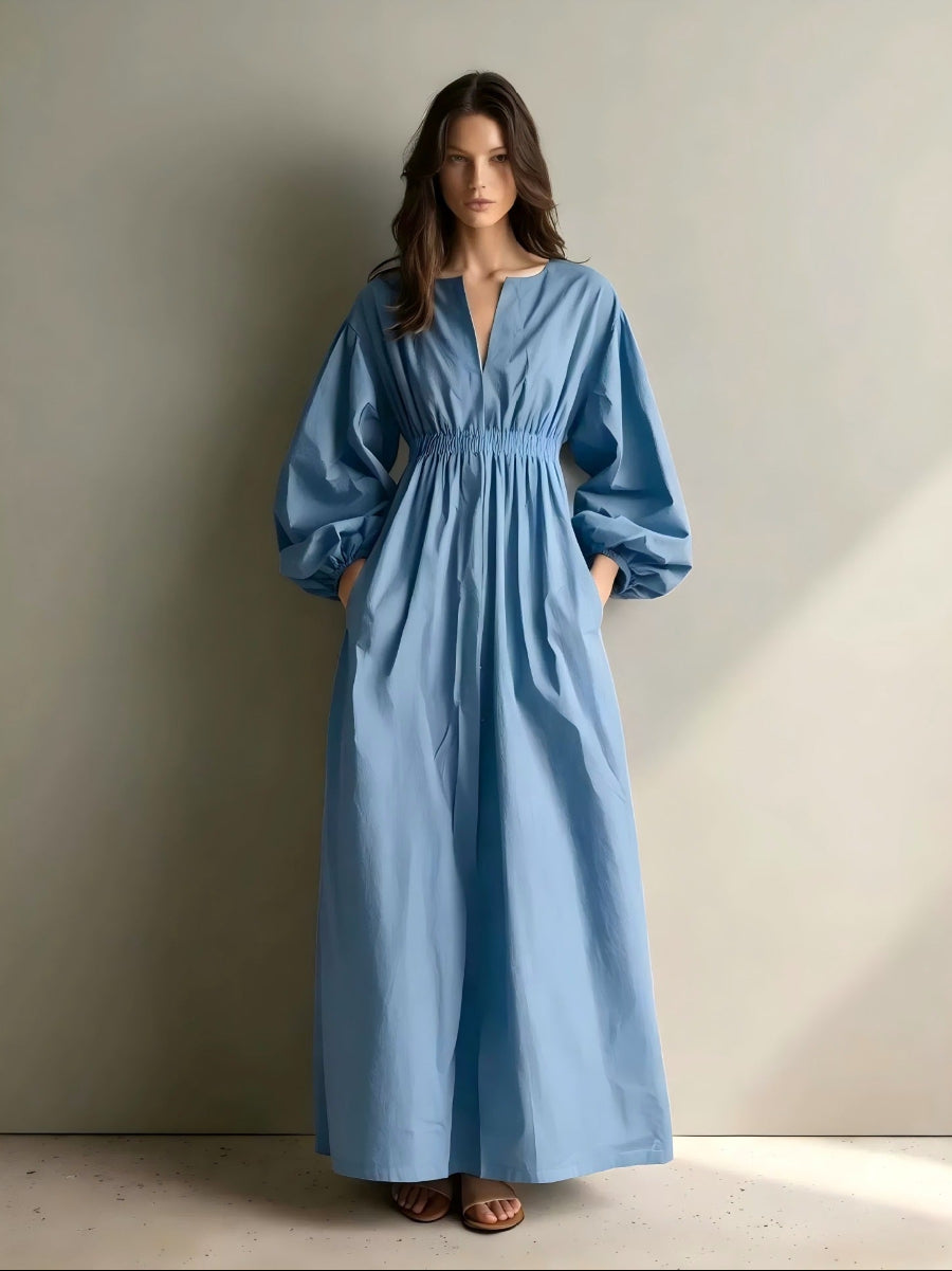 Caual V-neck Long-sleeved Maxi Dress With Elastic Waist