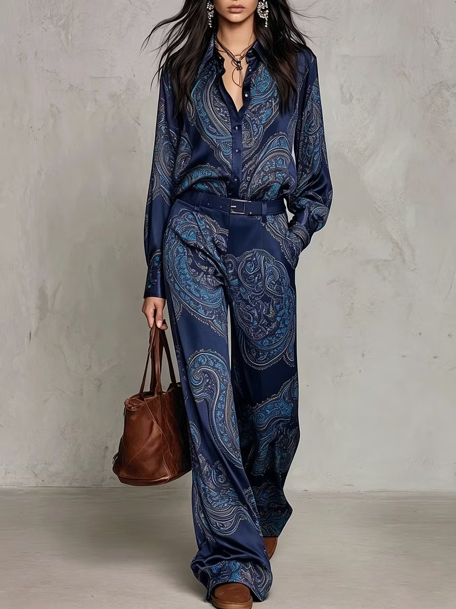 Vintage Paisley Satin Belted Ensemble