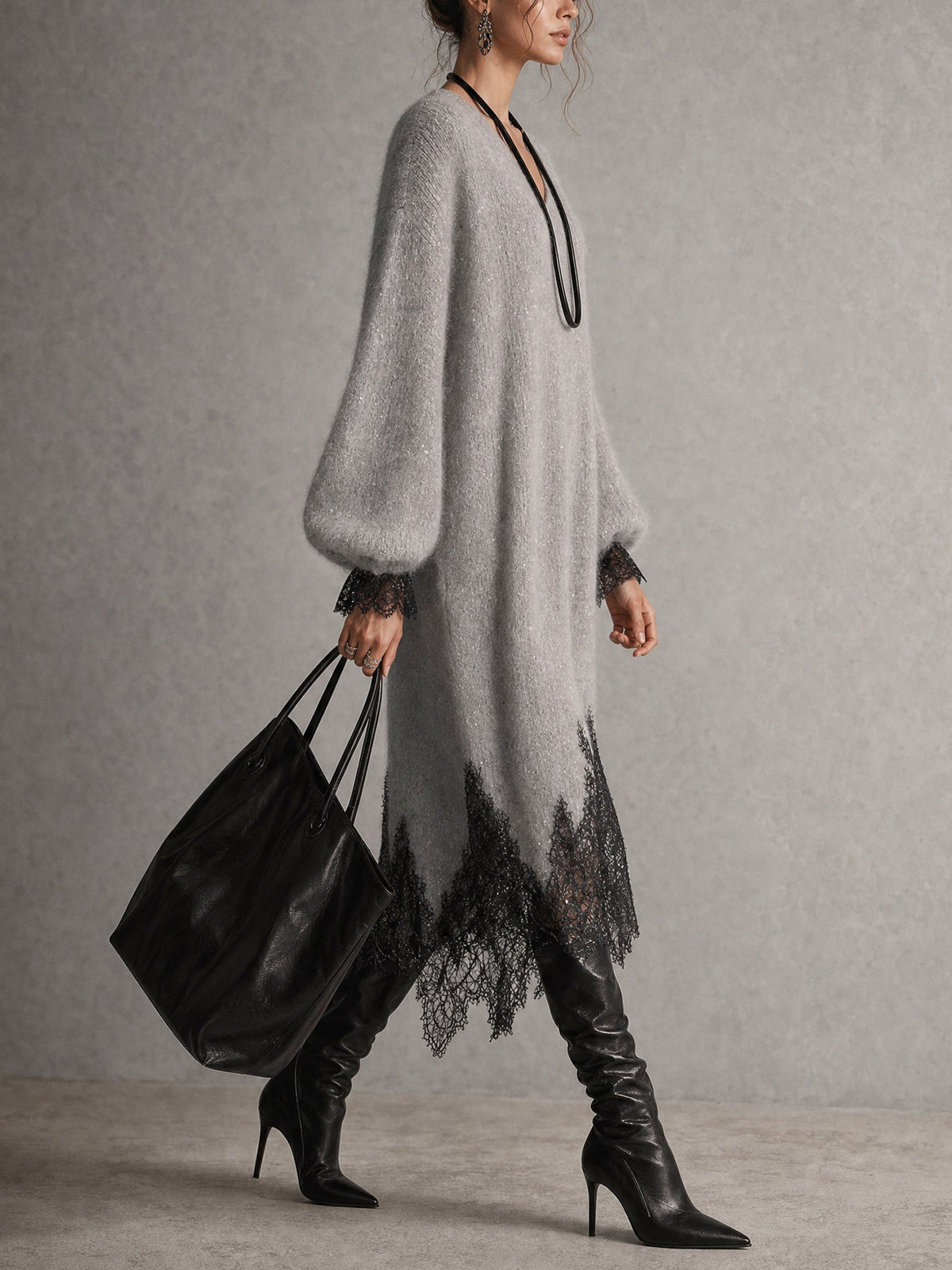 Sequin Knit Dress With Lace Hem