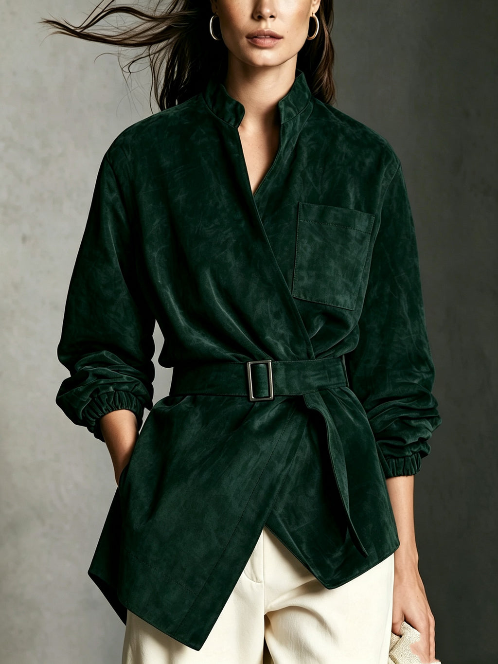 Chaqueta casual marrón de ante de manga larga