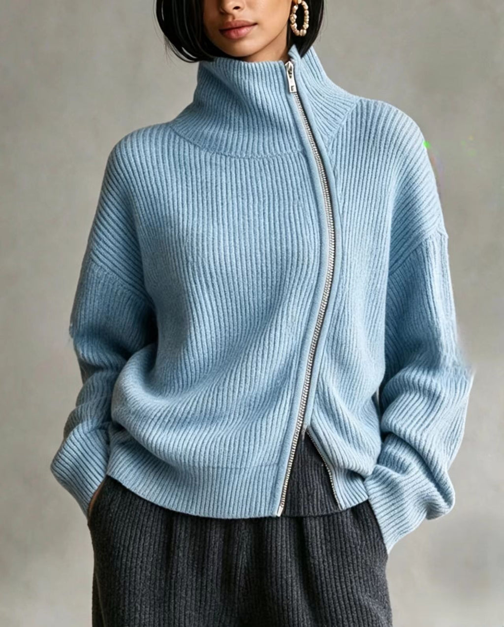 Diagonal‑Zip Funnel Neck Knit Sweater