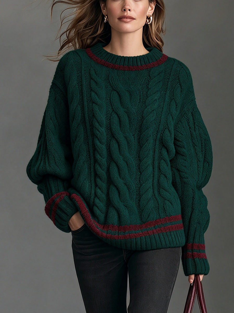 Casual Cable-Knit Long-Sleeve Crew-Neck Sweater